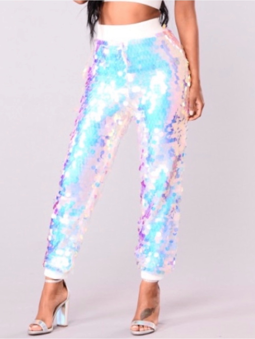 Rehab Iridescent Sequin Joggers in White with Blue & Pink Highlights